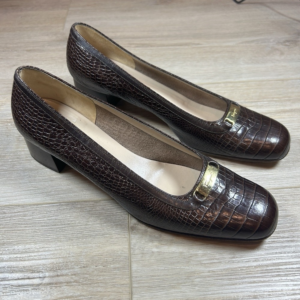 Salvatore Ferragamo Dark Brown Leather Shoes Croc Embossed Womens 8.5 AA‎